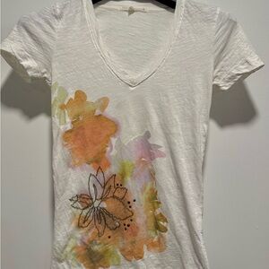 J. Crew White Floral V-Neck Tee